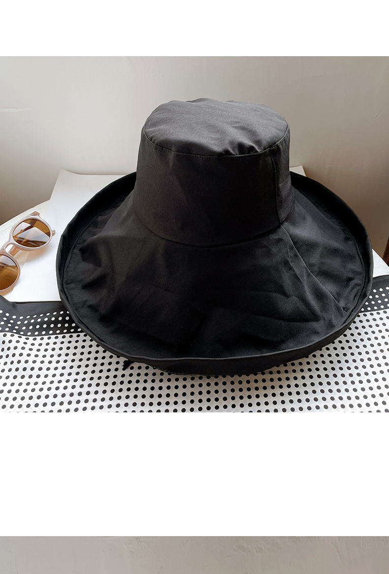 夏天黑胶遮阳帽子女外出日系防晒渔夫帽超大檐防紫外线uv太阳帽 黑色