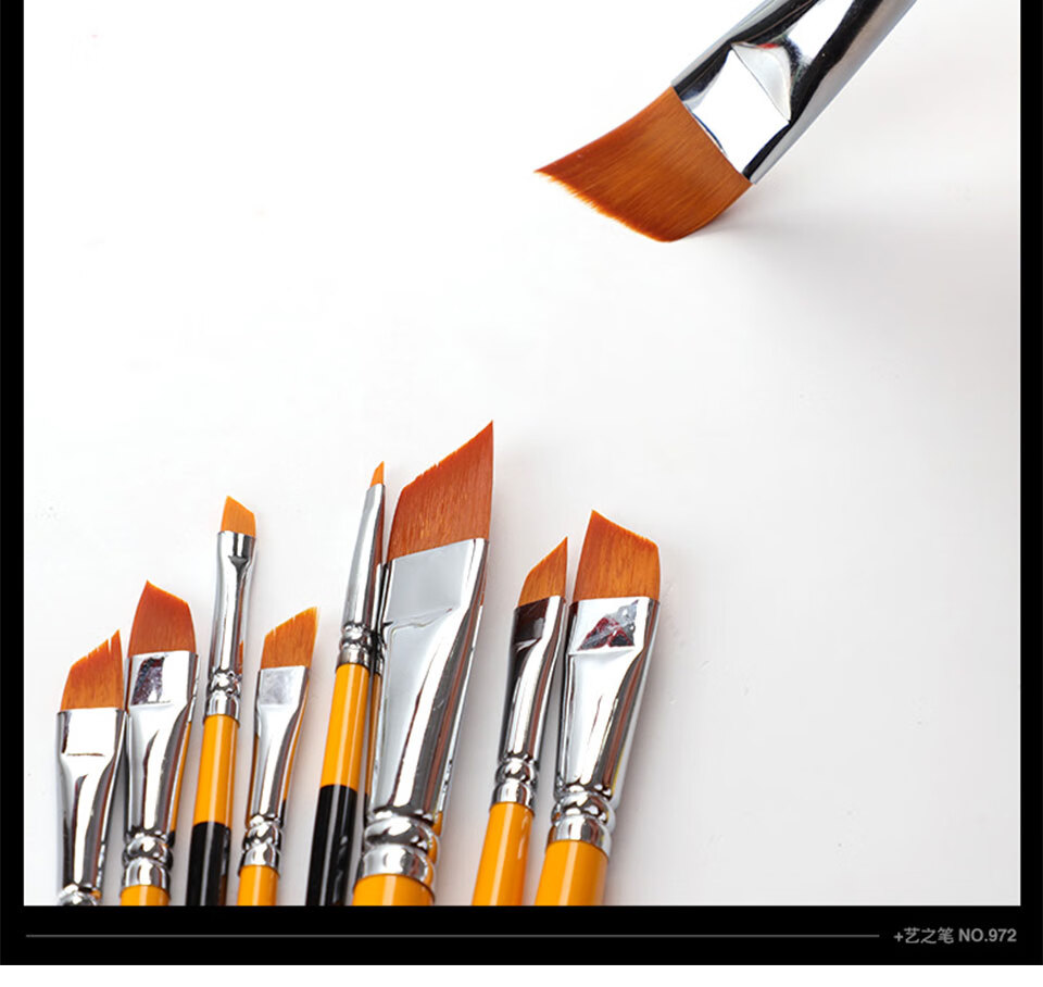 玉泉韵艺之笔972尼龙斜头斜峰画笔水彩水粉丙烯油画设计画笔图案笔8号