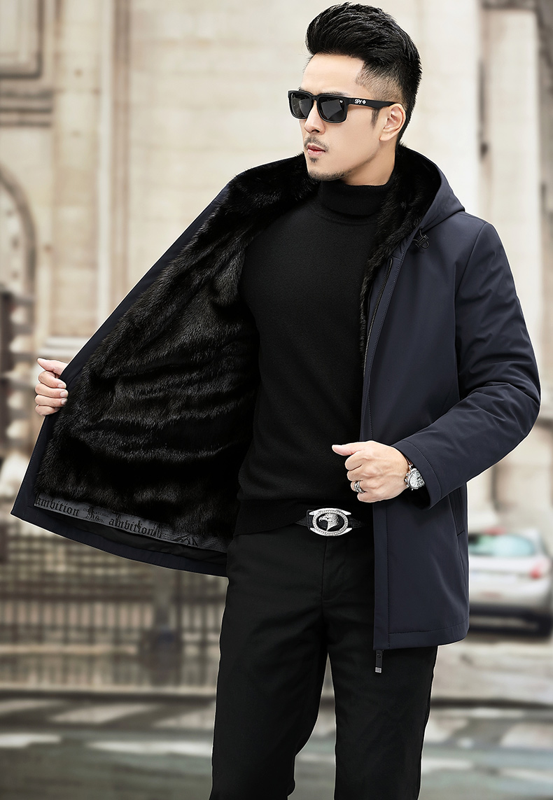 商务貂皮大衣男士进口本色黑貂整貂水貂可脱卸内胆羽绒袖真貂皮外套