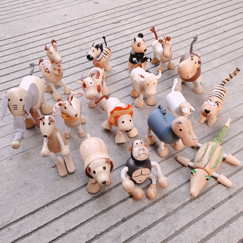 可爱卡通木质野生动物套装儿童大象老虎手偶玩具客厅桌面玩偶摆件鳄鱼