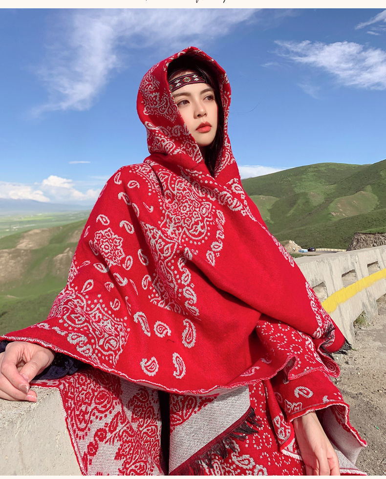 旅游拍照斗篷新款民族风沙漠旅游连帽披肩红腰果百搭保暖披巾西藏斗篷
