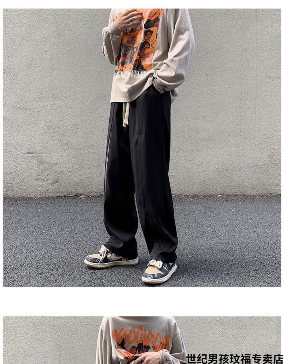 century boy超火cec拉链开叉阔腿裤子男潮牌拼接潮流宽松直筒黑色休闲