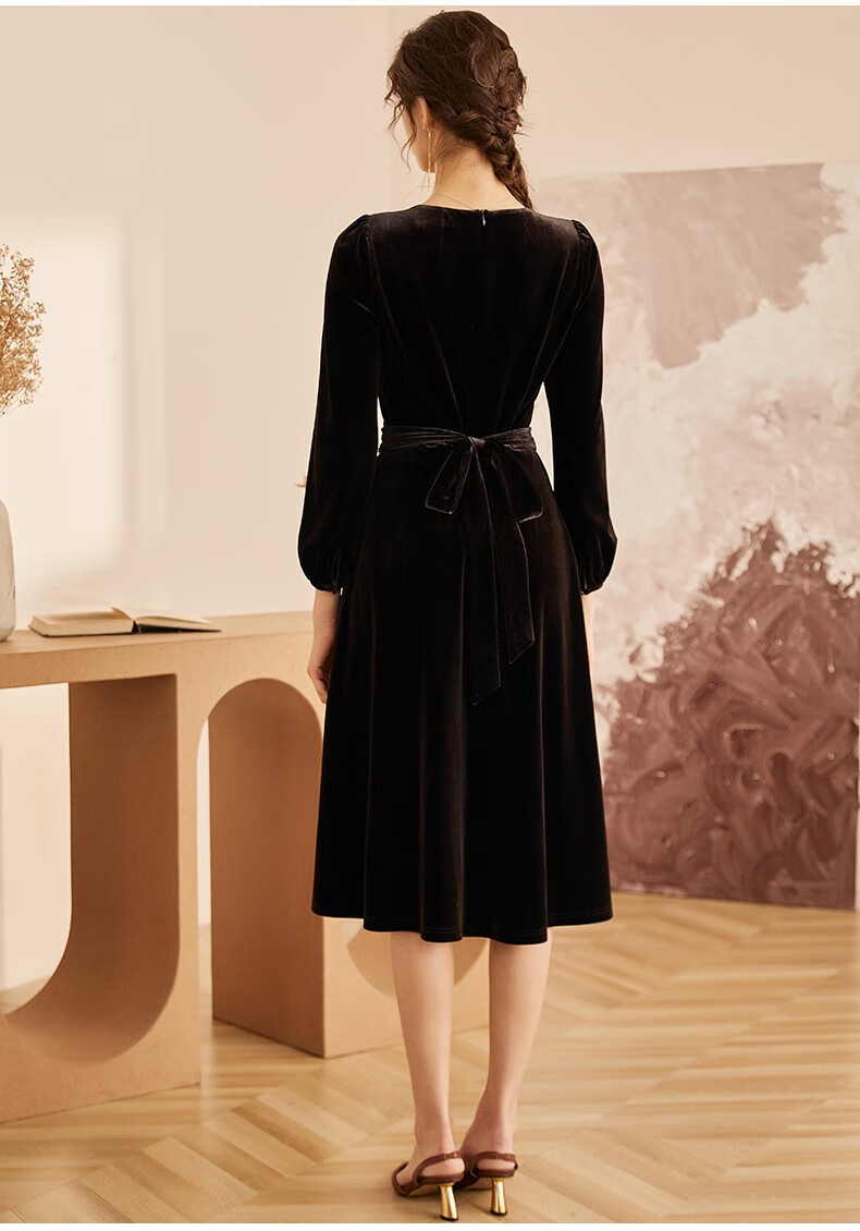 罗衣天鹅绒连衣裙女秋冬新款优雅大摆深咖色小腰精裙子03218深咖色m