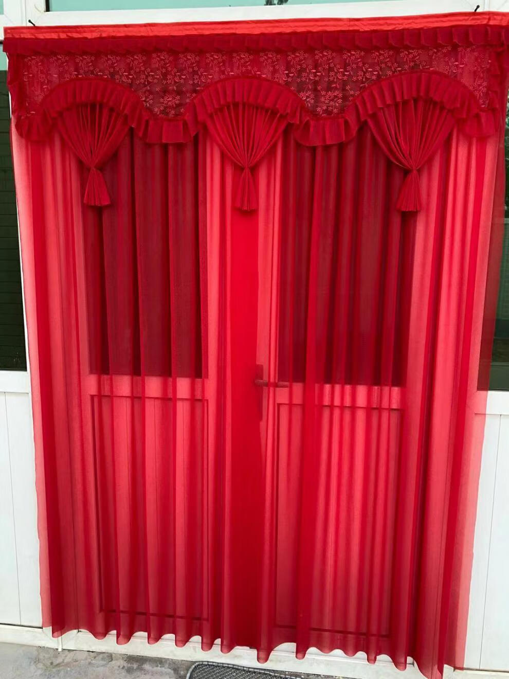 结婚用的房门帘红色蕾丝门帘喜庆农村结婚大红门帘隔断防蚊通风免打孔