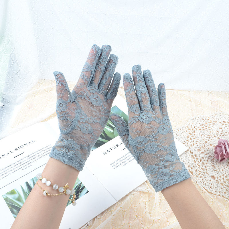 芷米夏季蕾丝手套防晒开车骑行户外礼仪小玫瑰碎花网纱弹力女婚纱手套