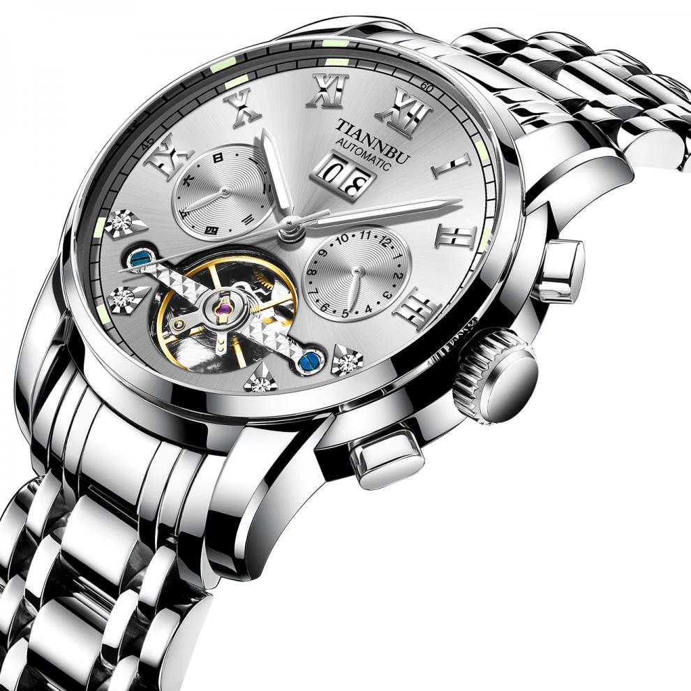 全自动机械表男士日历星期月份多功能钢手表商务表白壳蓝面钢带