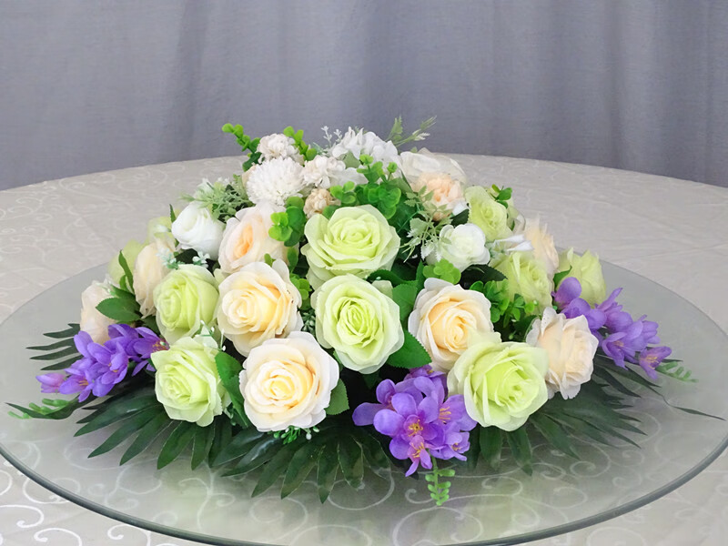 电动转盘摆花酒店餐桌装饰花大圆桌中间摆放假花泰锦瑞30cm圆形餐桌花