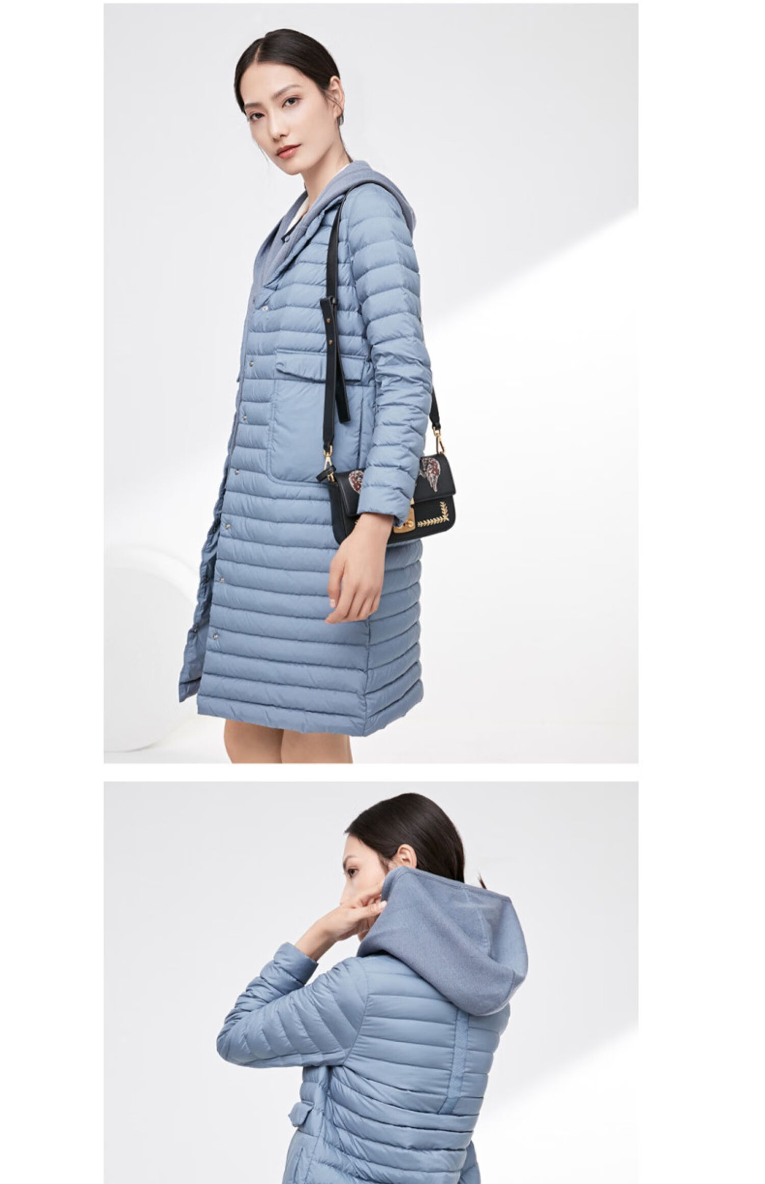 敦奴dunnu2021年新品蓝轻盈休闲带帽长款羽绒服 天蓝 l【图片 价格