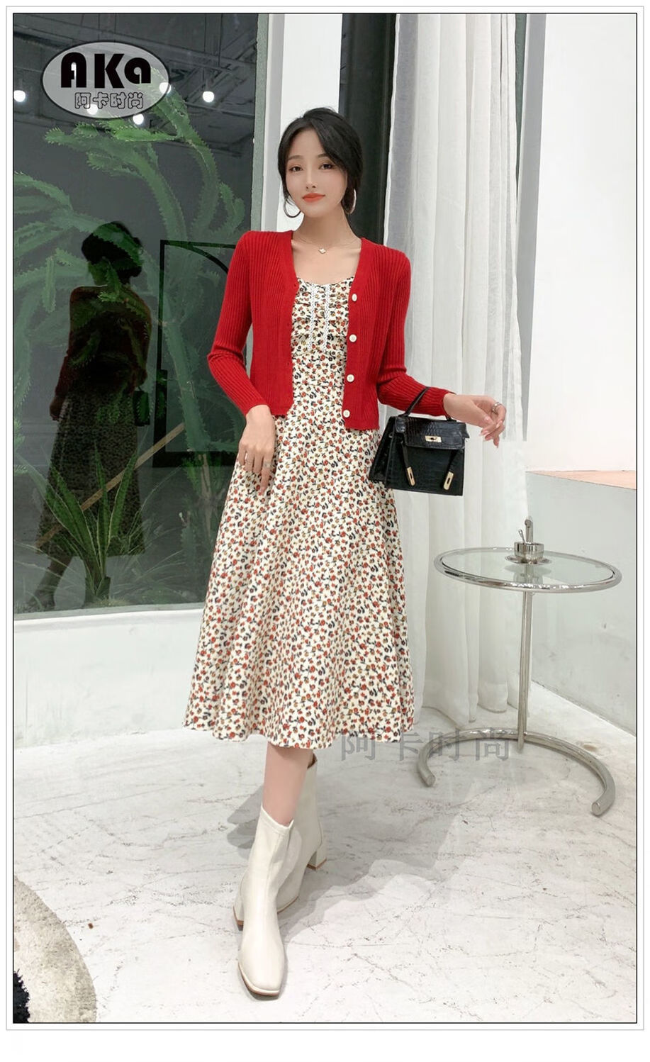 碎花吊带裙两连衣裙外搭针织开衫2021秋新款v领单件长裙子sn0017黑