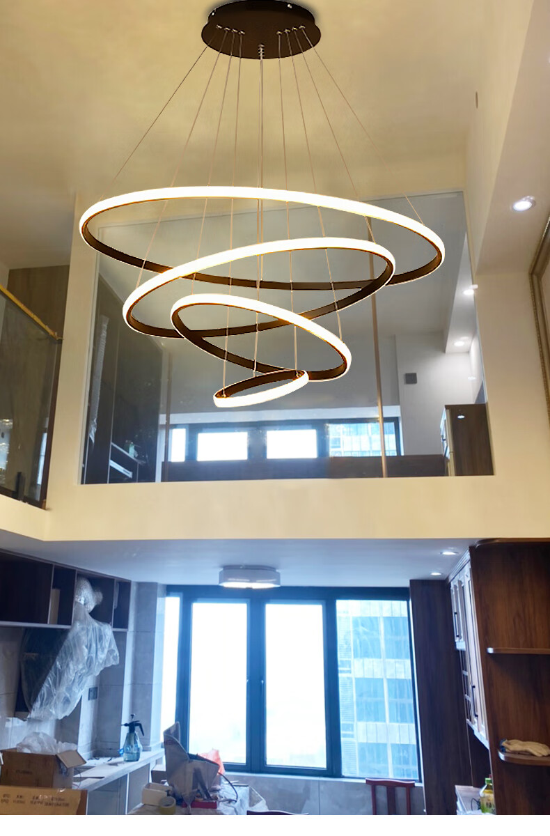 跃层别墅挑空loft公寓楼中楼旋转楼梯灯长吊灯餐厅圆环灯led环形吊灯
