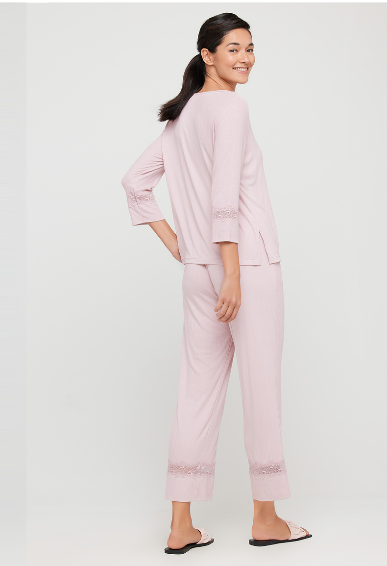 爱慕睡衣女士家居服套装春夏新品天使花园长袖v领蕾丝性感花边柔软