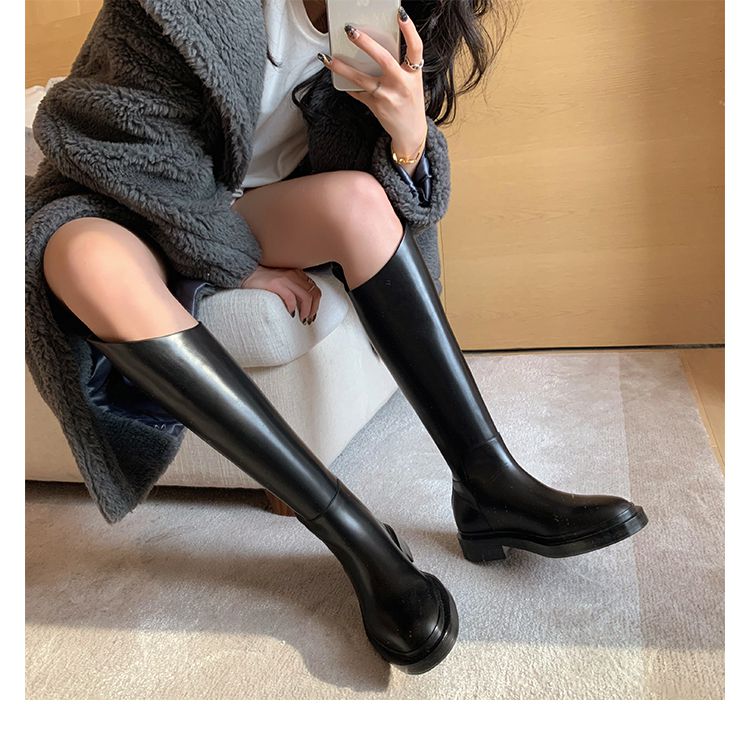 长筒靴腿粗冬季斜口皮长筒靴厚底高筒靴粗腿骑士靴长靴女黑色厚底套筒