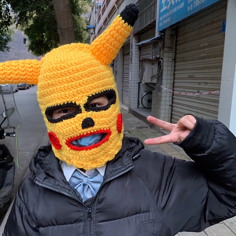 抖音皮卡丘头套头套面罩搞怪毛线针织头套卡通头套生日头罩帽 红嘴巴