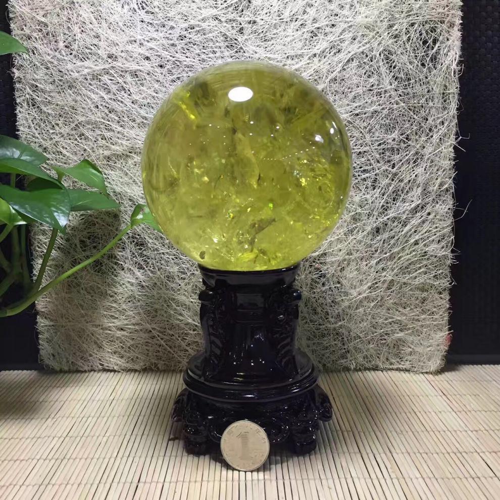 妙聚福天然黄水晶球摆件原石打磨卧室客厅玄关办公室礼品风水球火烧