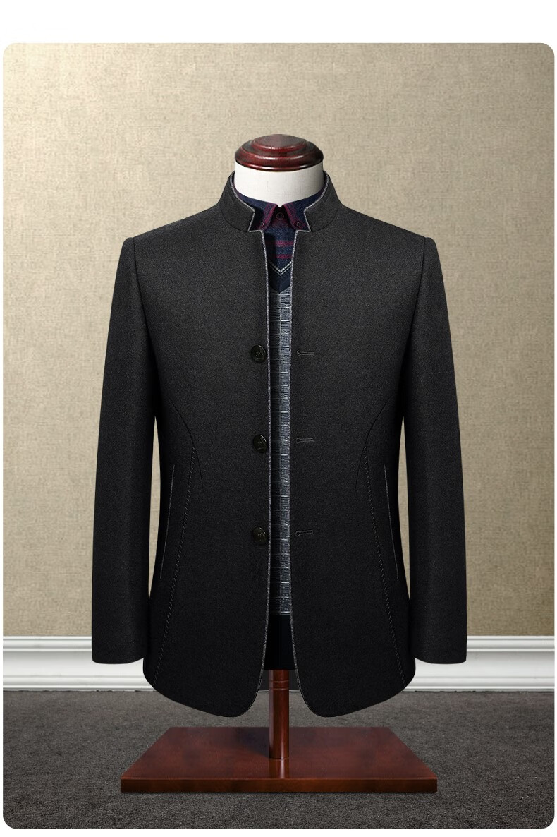 罗蒙中老年羊毛立领中山装男弹力修身西服中国风唐装男中式衣服爸爸装