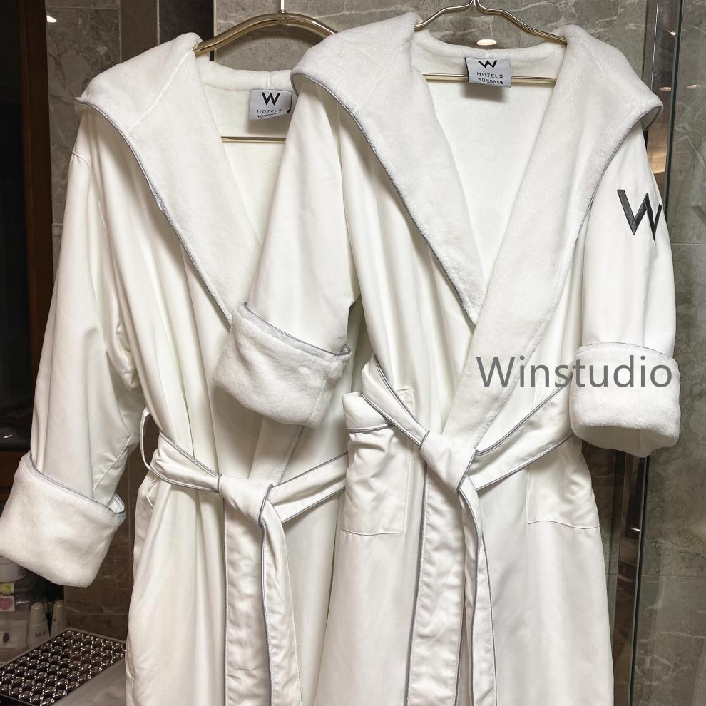 万豪酒店浴袍 万豪w酒店情侣带帽系带超细纤维长款睡袍高街加绒厚保暖