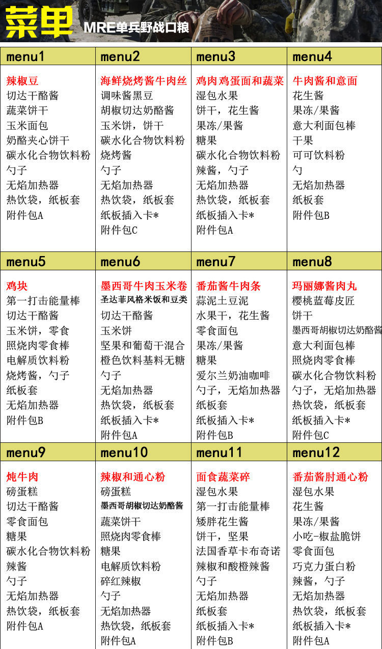 美国mre美军单兵口粮自热食品野战军粮户外自热食品野