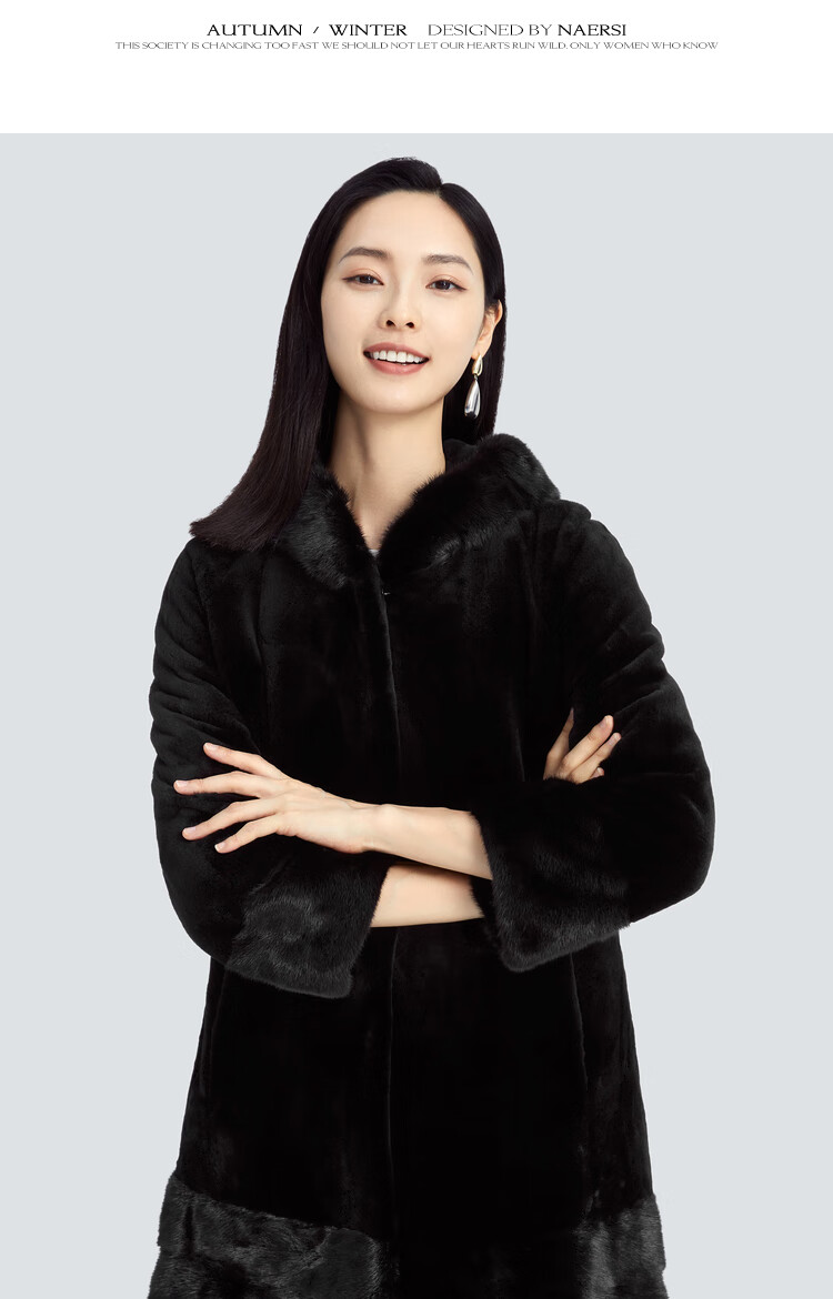 naersi/娜尔思水貂毛皮手工缝制轻奢皮草女2022冬新款裘皮外套 黑色 m
