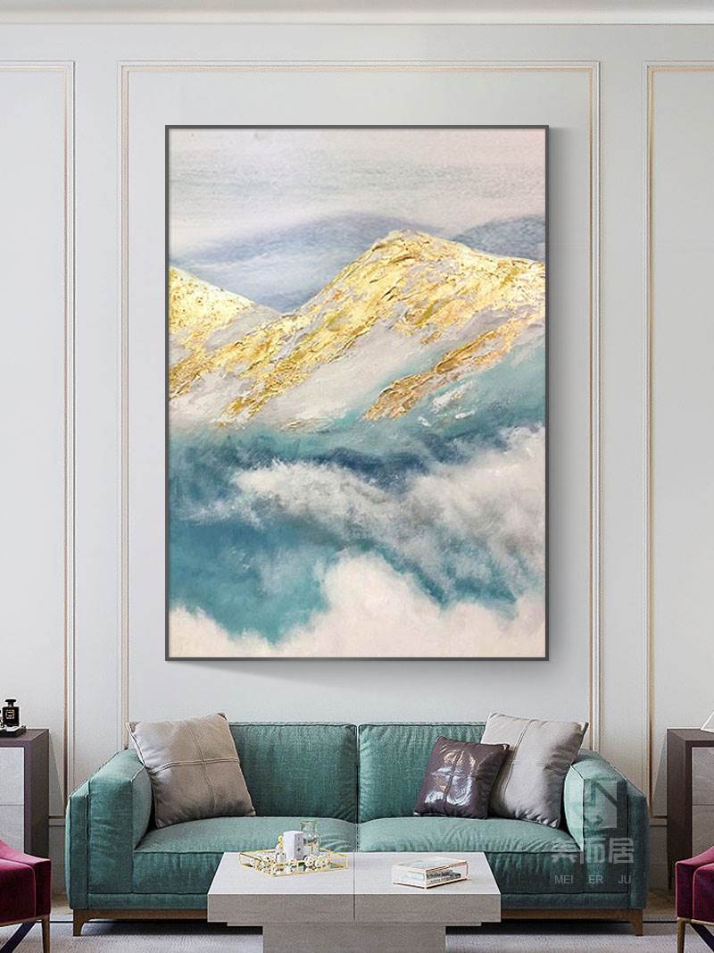 敏骏高档纯手工油画定制金箔抽象玄关画现代轻奢餐厅高端挂画日照金山