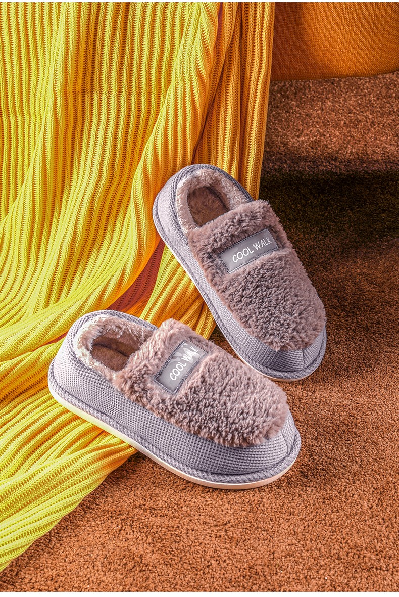 朴西居家棉拖鞋女冬室内包根保暖孕妇月子鞋秋冬软底防滑毛绒拖鞋 浅