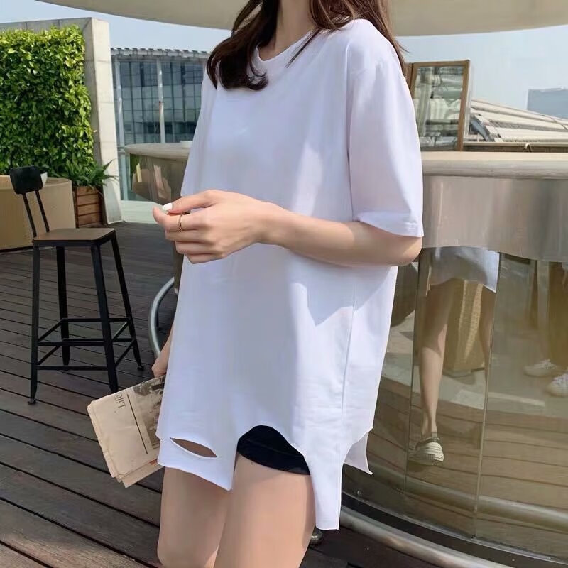 圈色慵懒风白色短袖t恤女中长款宽松下摆不规则破洞休闲上衣大码夏季