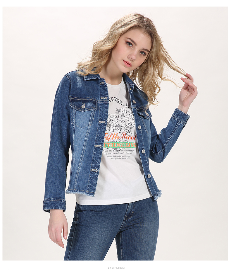 第五街春季新款修身韩版女装毛边牛仔外套短款夹克650104-181 石蓝磨