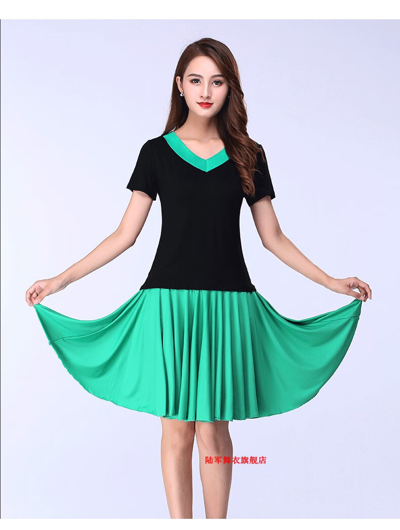 广场舞服装裙子夏季新款舞裙交谊舞拉丁舞中老年半身裙 单v紫领黑身