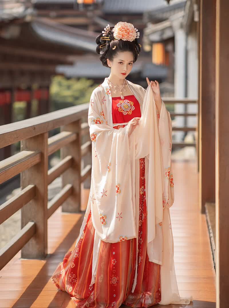 唐制汉服女诃子裙原创唐风簪花仕女图诃子裙大袖衫披