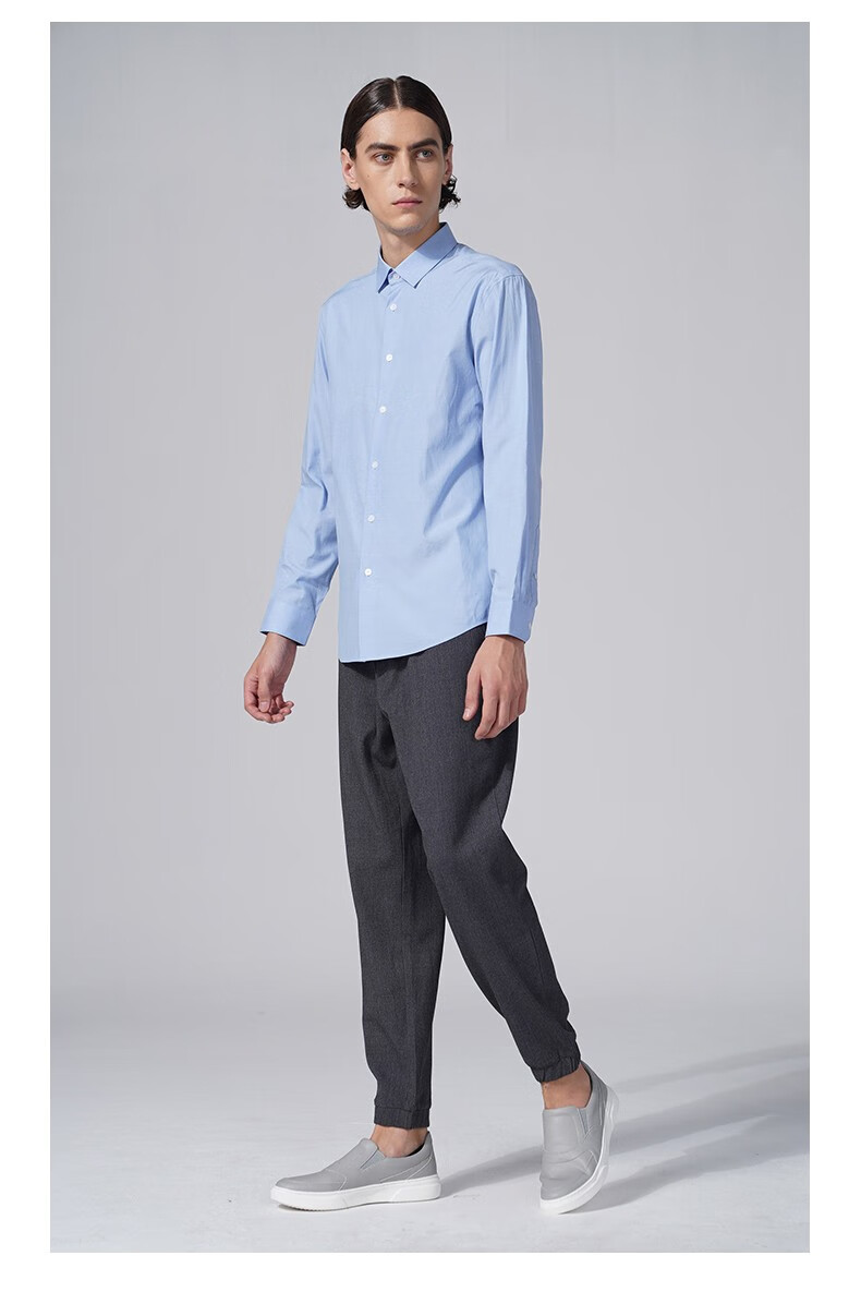 佛伦斯男装folunsi春秋季商务绅士纯灰蓝色长袖衬衫灰蓝色40175