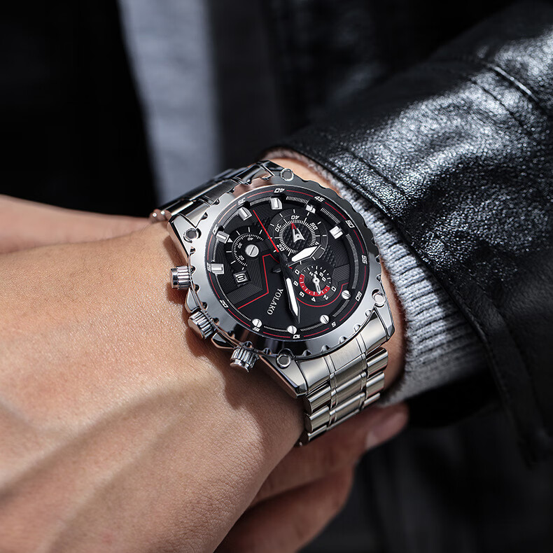 品牌2020新款男士手表男表学生黑色网红三眼运动时尚潮流精钢 黑盘