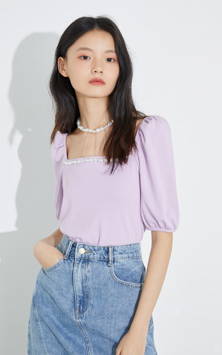 vero moda2022新款气质甜美方领珍珠装饰五分袖上衣女322201123 s85本