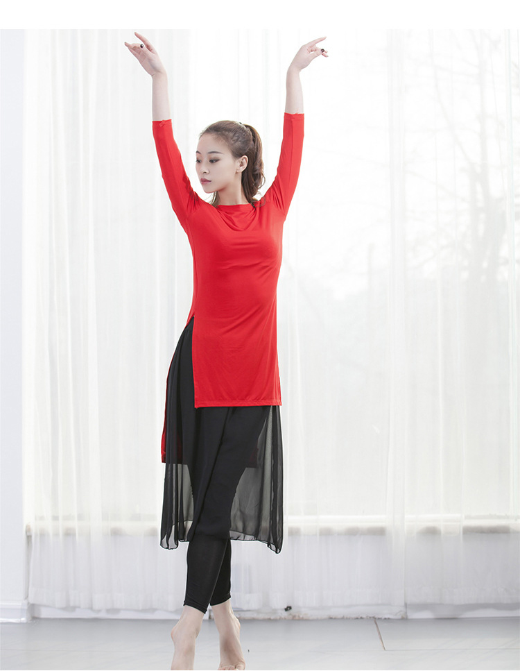 现代舞练功服女舞蹈服套装新款长袖莫代尔宽松广场舞套装 红色上衣