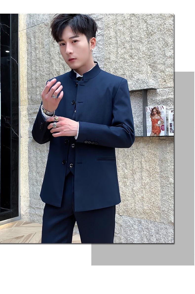 花花公子西服套装男青年中国风中山装夹克休闲外套修身西装男士搭配一