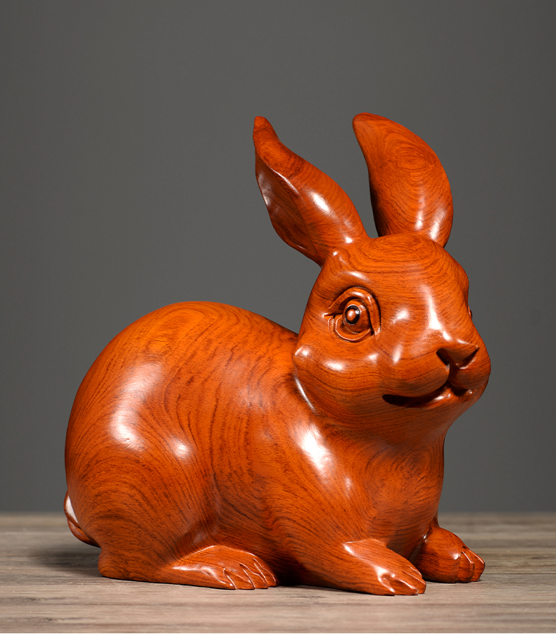 刺史花梨木雕福财兔子摆件创意可爱实木客厅装饰生肖兔