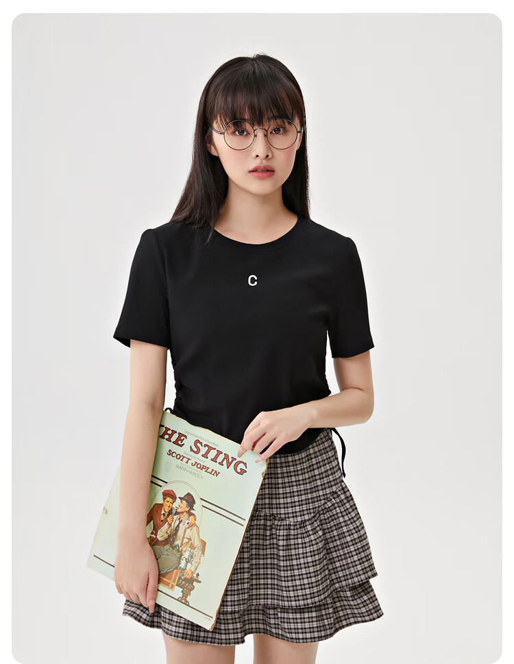 三福短t恤2022夏季女两侧抽绳字母刺绣露脐上衣女装454295蓝条16084as