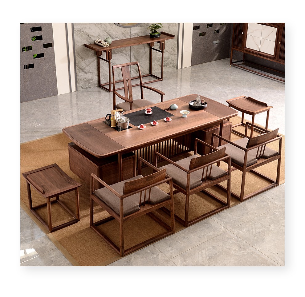 新中式茶桌椅组合北美进口黑胡桃木茶台办公室泡茶桌简约现代茶空间