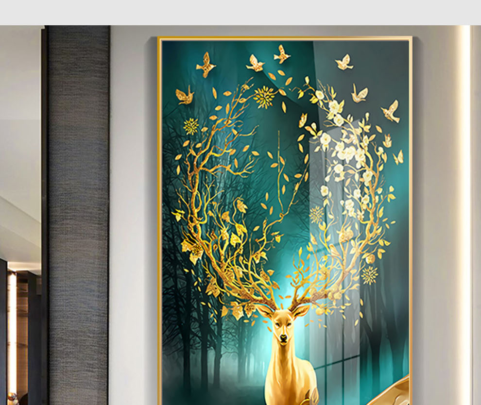 恒同 晶瓷画玄关装饰画 竖版入户过道走廊壁画福鹿挂画现代简约背景墙