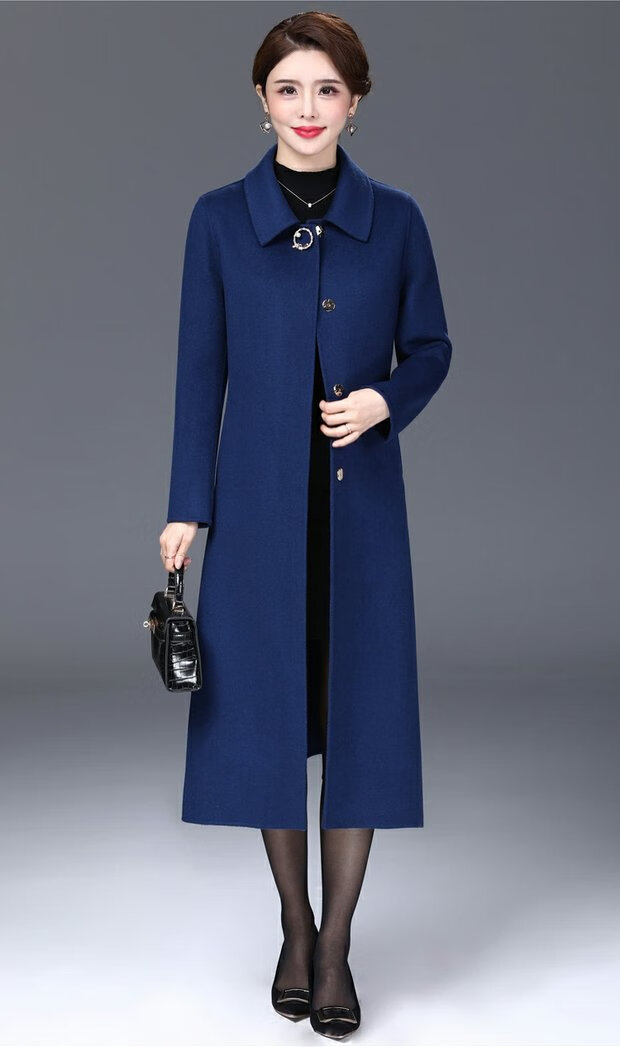 女秋款双面羊绒大衣喜婆婆中长款毛呢外套呢子秋冬装40岁50 暗普兰色