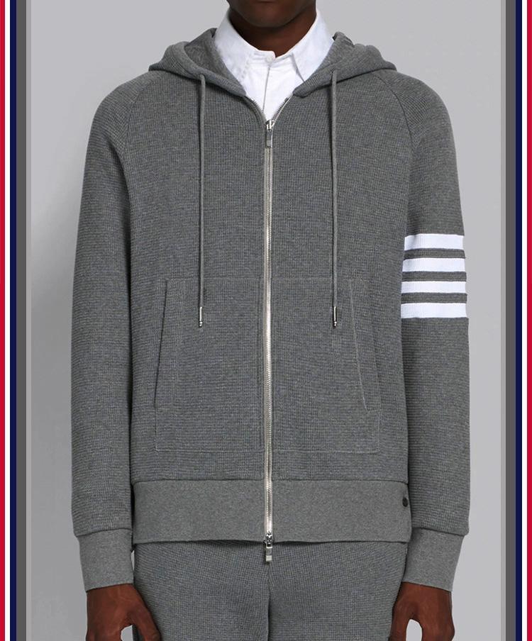 汤姆高品质男tb条纹华夫格外套四道杠棉拉链连帽运动开衫潮牌外套潮