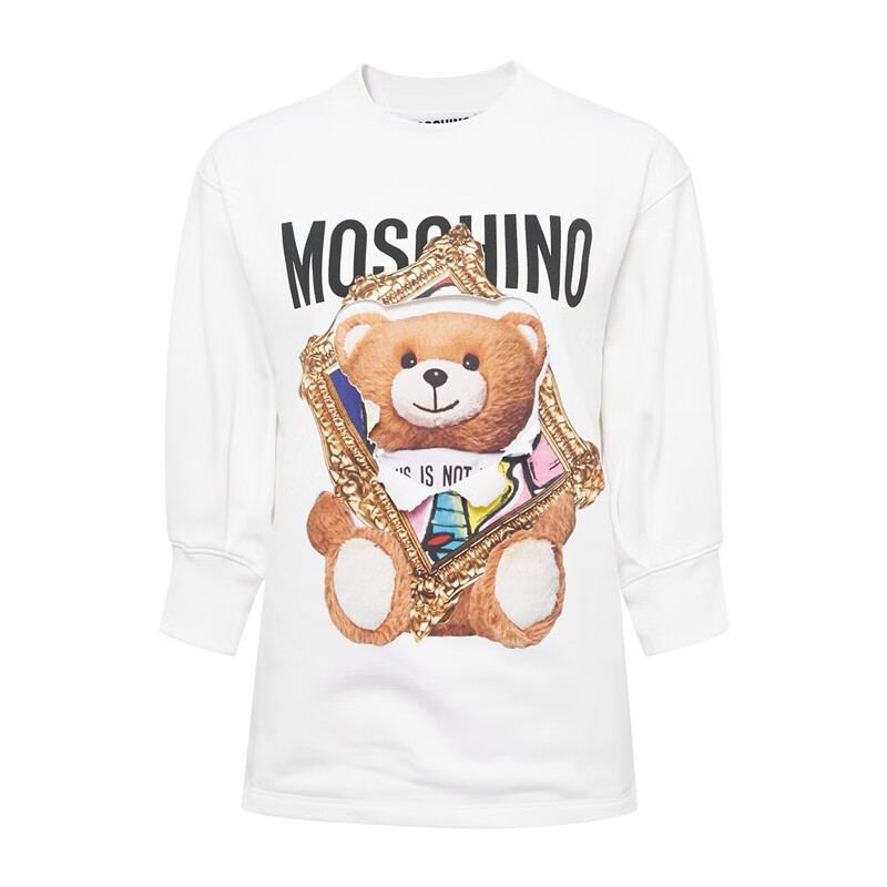 moschino莫斯奇诺新款相框熊时尚潮流纯棉白色7分袖圆领女士卫衣白色