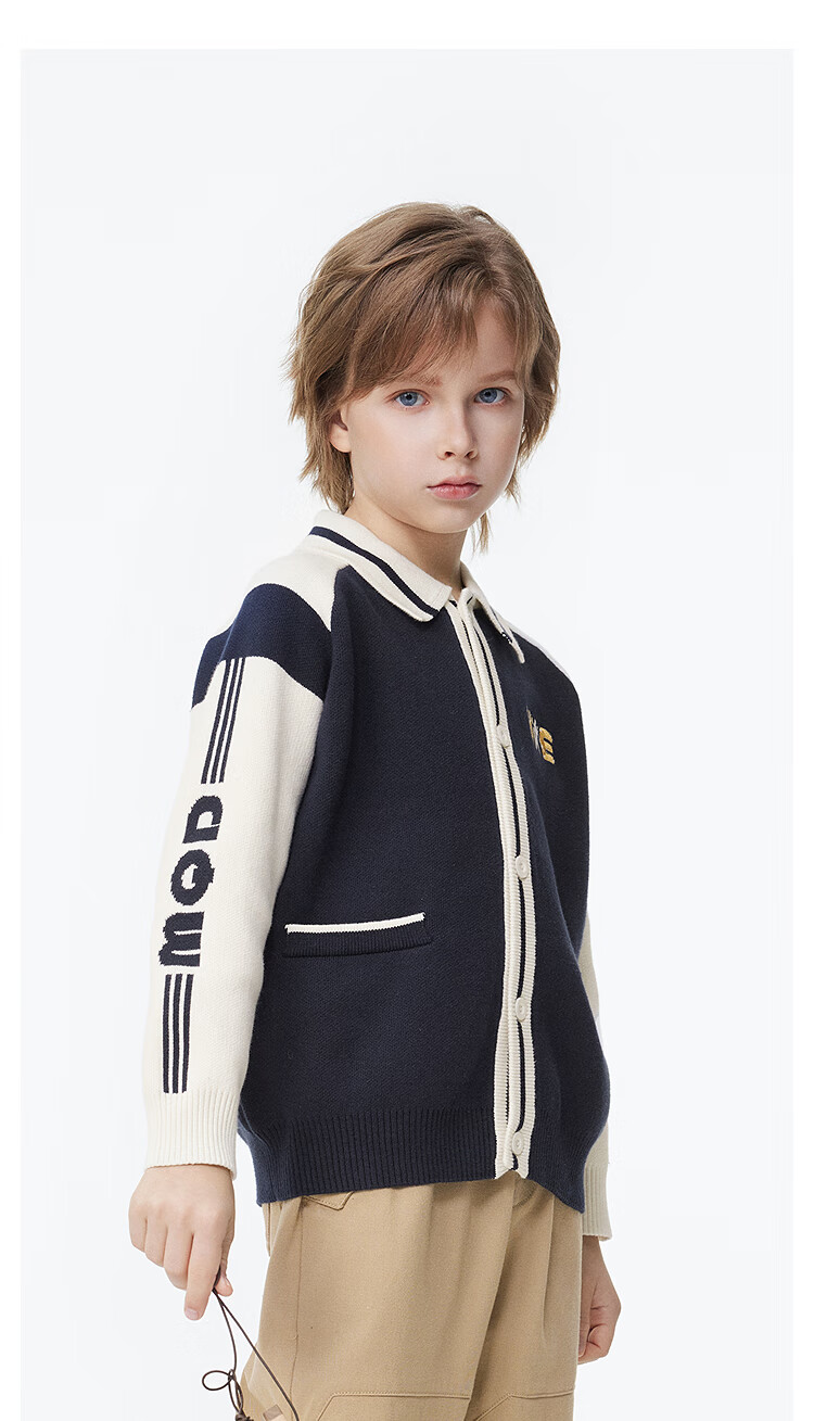 MQD Boys' Sweater, Spring And Autumn Style, Turn-Down Collar, Preppy Style, Children's Knitted Cardigan, Navy Blue, Size 110 12