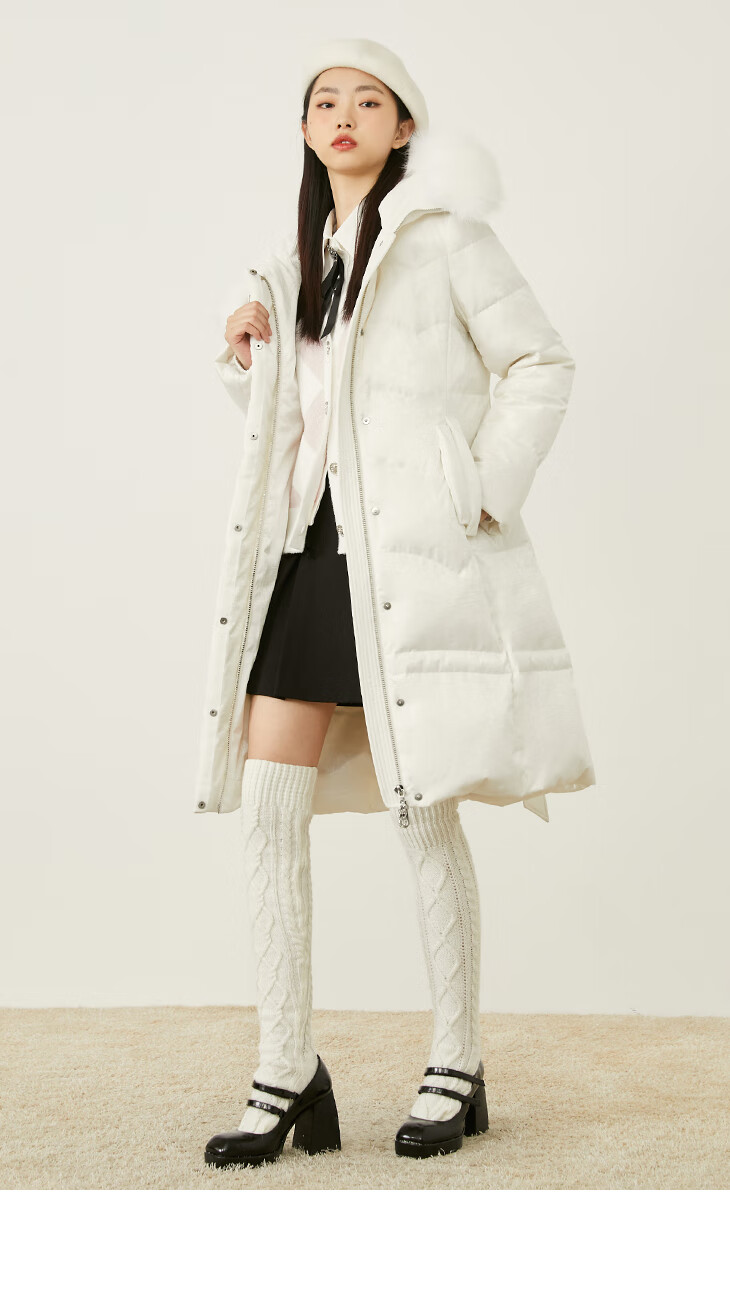 长款连帽收腰系带90白鸭绒羽绒服女121412067s00白色newcreme17088al