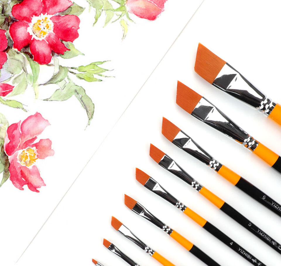 玉泉韵艺之笔972尼龙斜头斜峰画笔水彩水粉丙烯油画设计画笔图案笔8号
