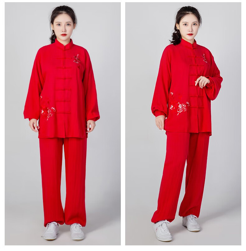 太极服棉麻女春秋季武术服团体表演服演出服亚麻棉太极拳练功服套装乳