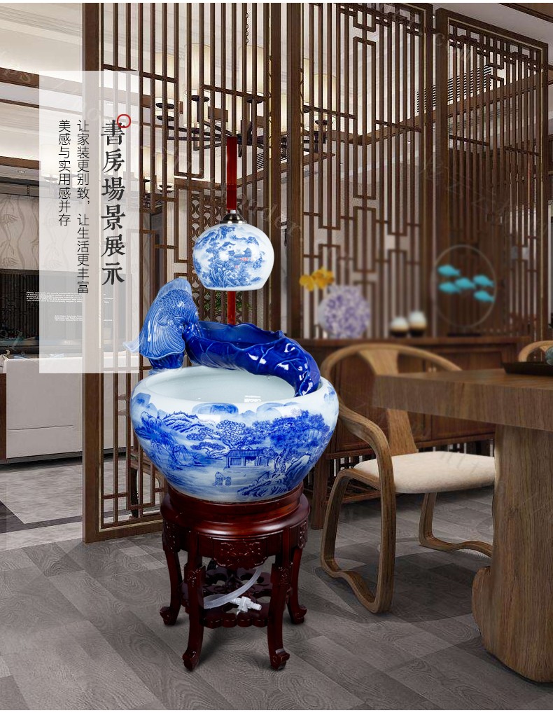 臻爵家饰新中式落地流水过滤鱼缸陶瓷大号养鱼盆循环加湿摆件送礼直径
