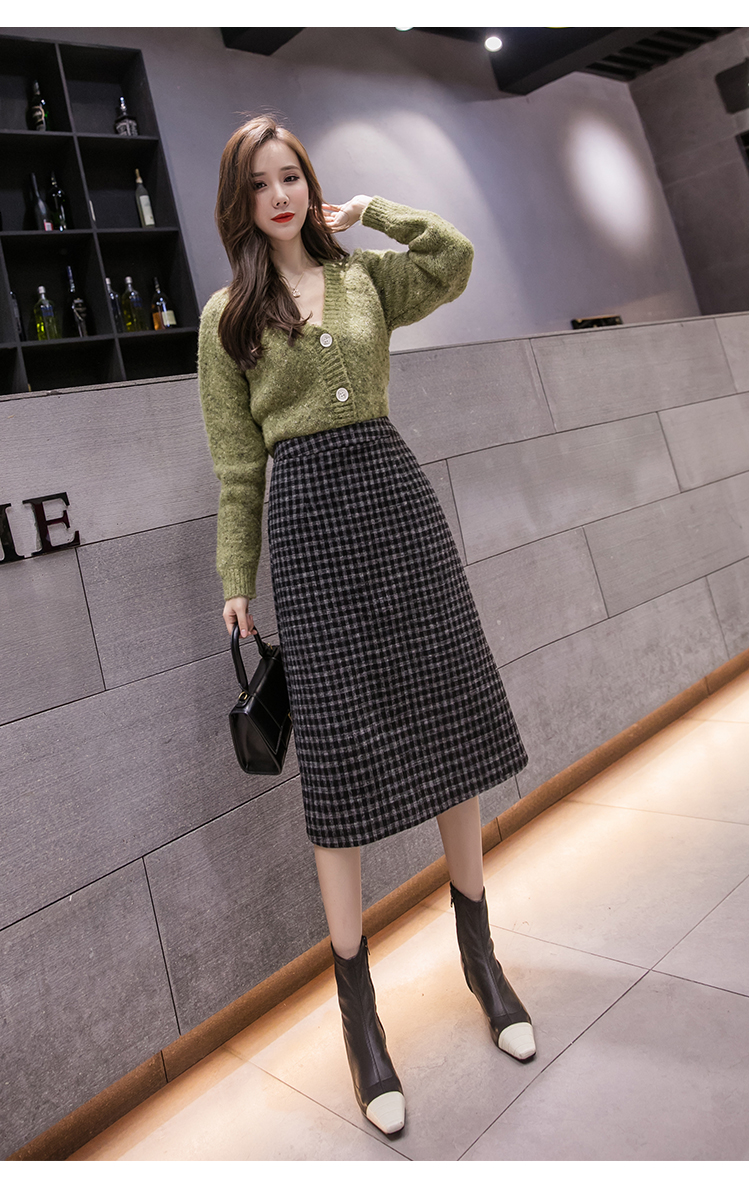 加厚格子毛呢半身裙中长款冬季新款a字裙开叉高腰百搭sn7197 咖啡色 m