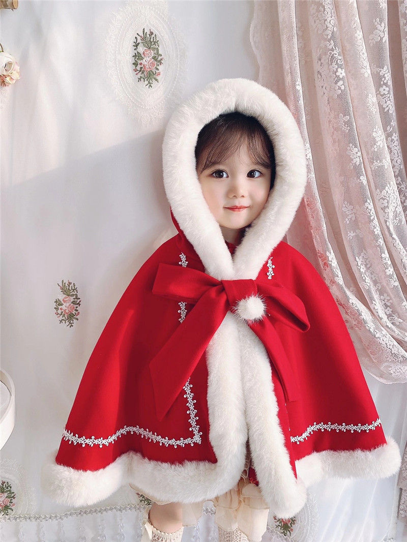 商场迪士尼同款冬季儿童圣诞斗篷红色毛呢加厚披风女宝宝洛丽塔外套