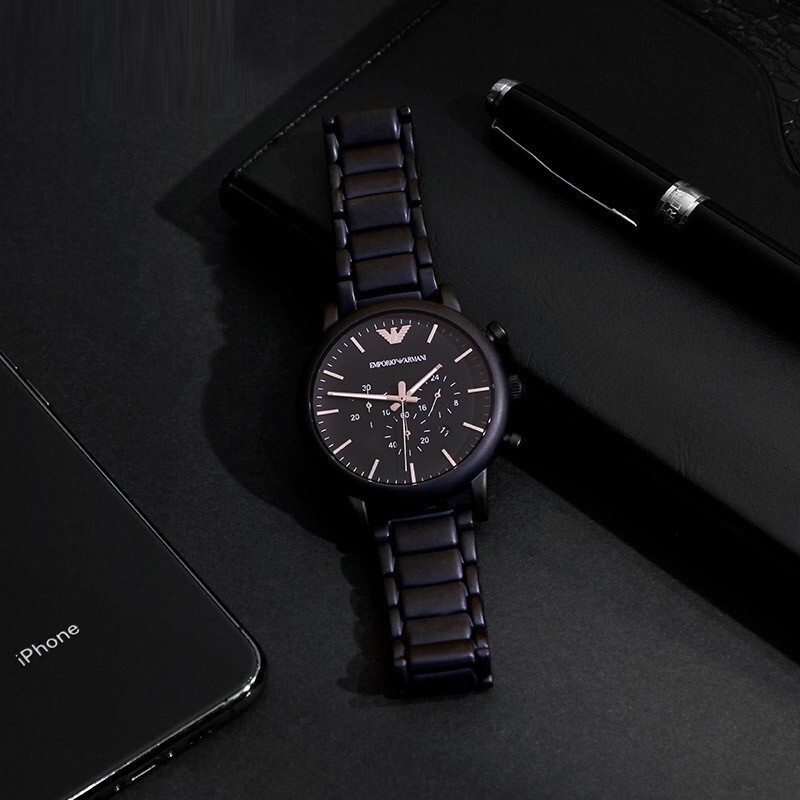 armani 阿玛尼手表 钢带时尚酷黑三眼石英男士欧美表 ar2447【图片