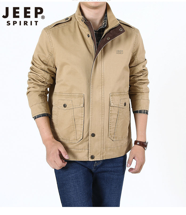 吉普jeep 夹克男秋冬厚款外套男装水洗纯棉中年商务休闲男士立领宽松