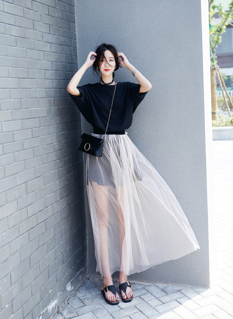 aohu2022春夏季超薄纱网网纱纱裙单层罩裙长裙半身裙高腰外搭透明中长